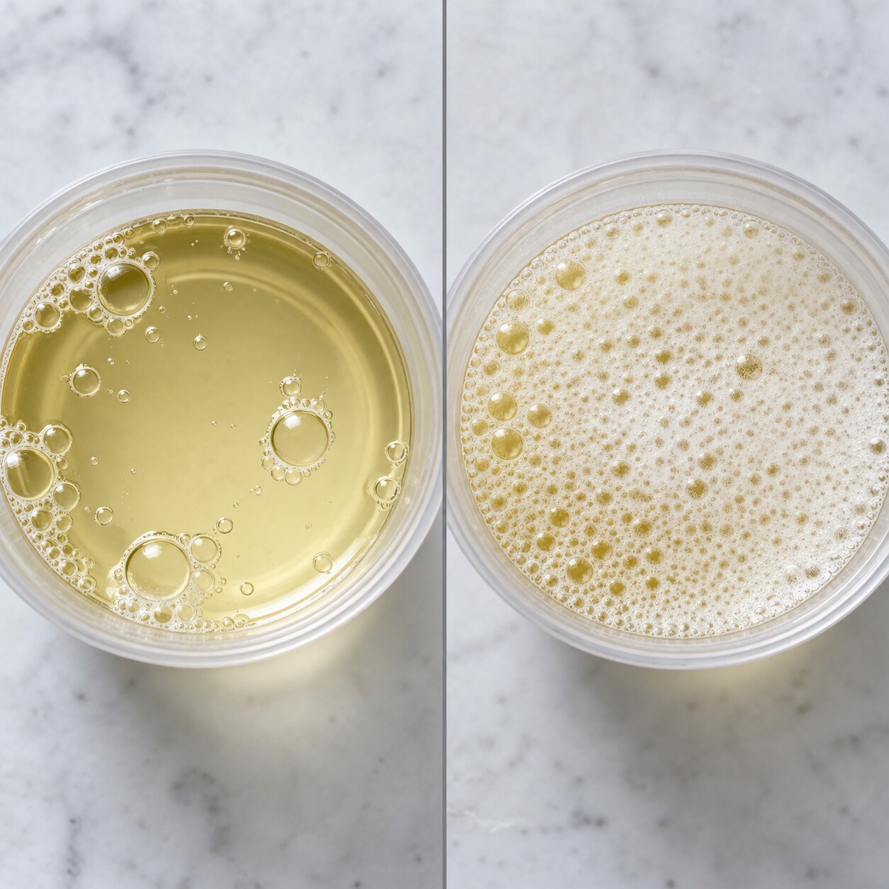 Side-by-side comparison photograph of a thin sparse layer of quickly popping bubbles beside a dense, mounded, long-lasting foam layer in toilet water