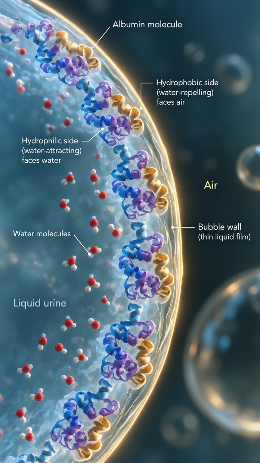 Scientific illustration of albumin protein molecules lining up at a water surface and stabilizing tiny bubble walls, similar to how soap molecules behave