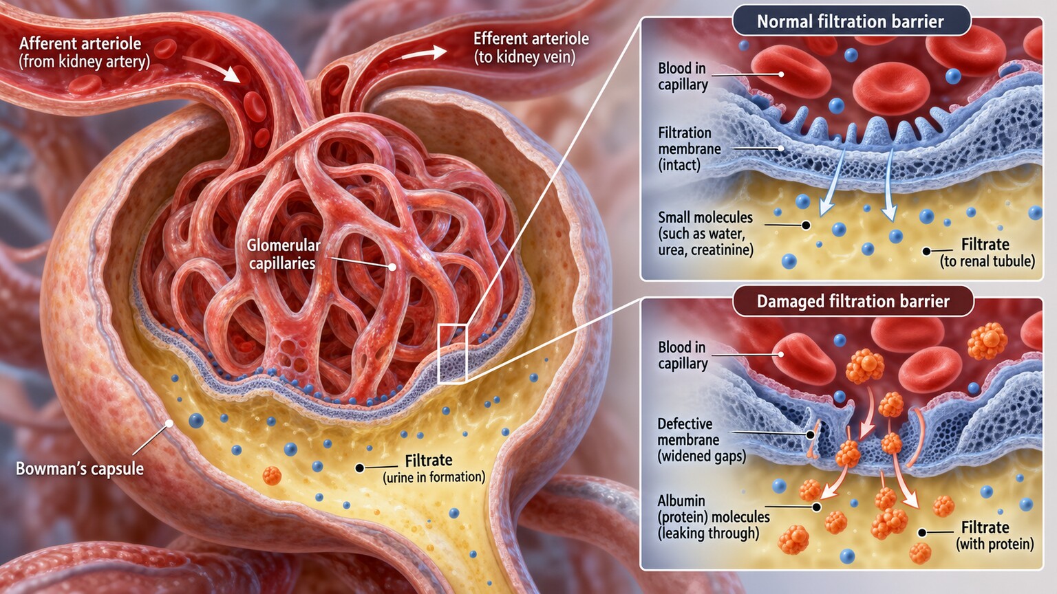 Scientific cross-section illustration of a kidney glomerulus with a damaged filtration membrane allowing albumin protein molecules to pass through into the urine