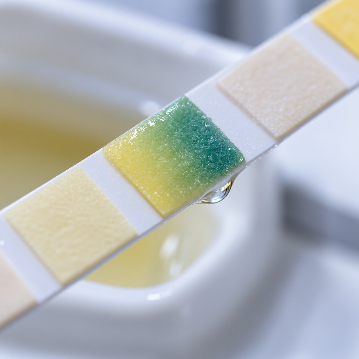 Extreme close-up of a urine dipstick test strip with the protein reagent pad changing color from pale yellow to green, indicating detectable protein