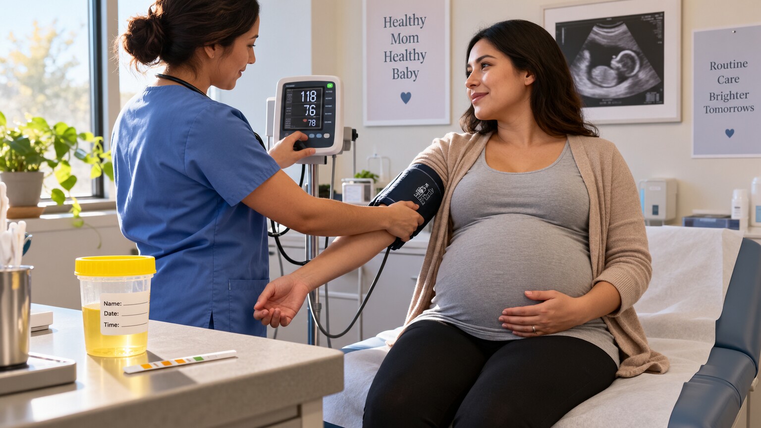 A nurse checking a pregnant patient's blood pressure during a prenatal visit while a urine protein test cup sits ready on the counter nearby