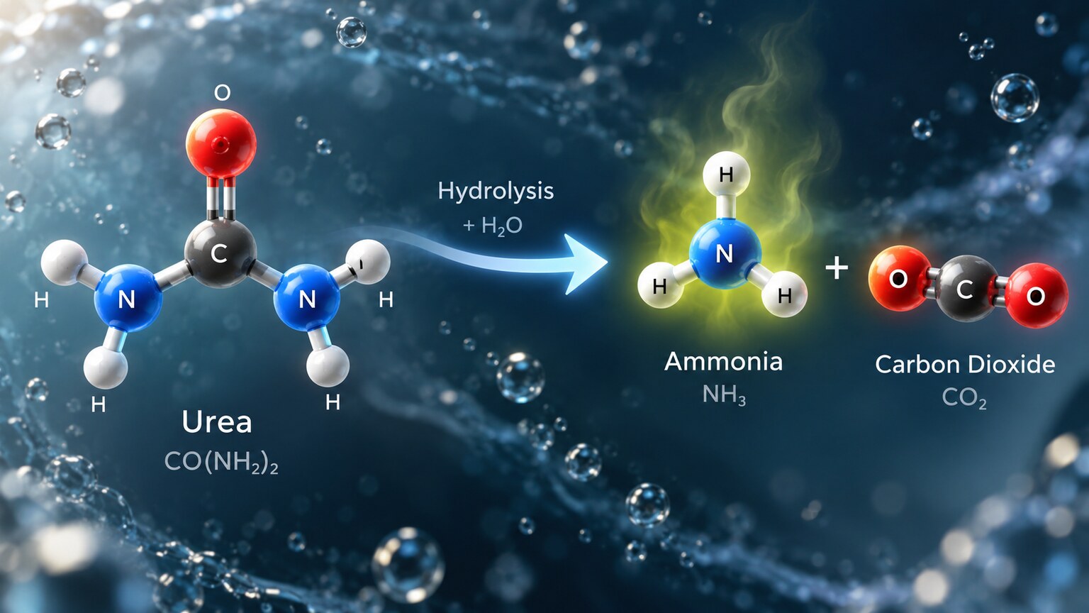 Scientific illustration of a urea molecule breaking apart into ammonia and carbon dioxide, the chemical reaction behind urine's baseline odor