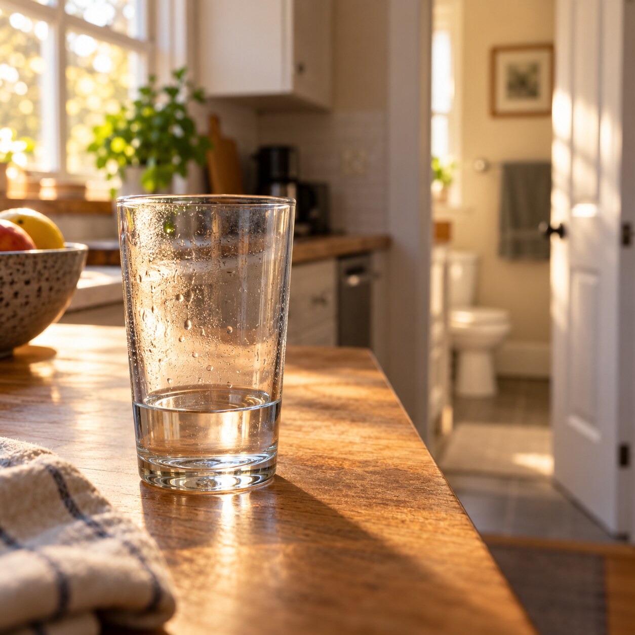A nearly empty glass of water sitting on a kitchen counter beside a bathroom doorway, representing the dehydration that concentrates urine and intensifies its smell