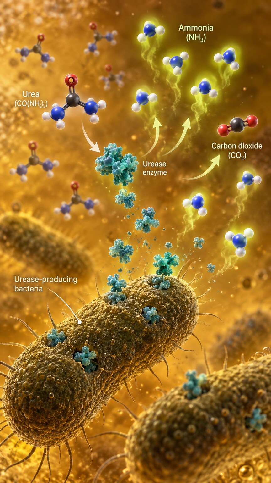 Scientific illustration of rod-shaped bacteria releasing the enzyme urease, which rapidly splits urea into ammonia inside a urine sample