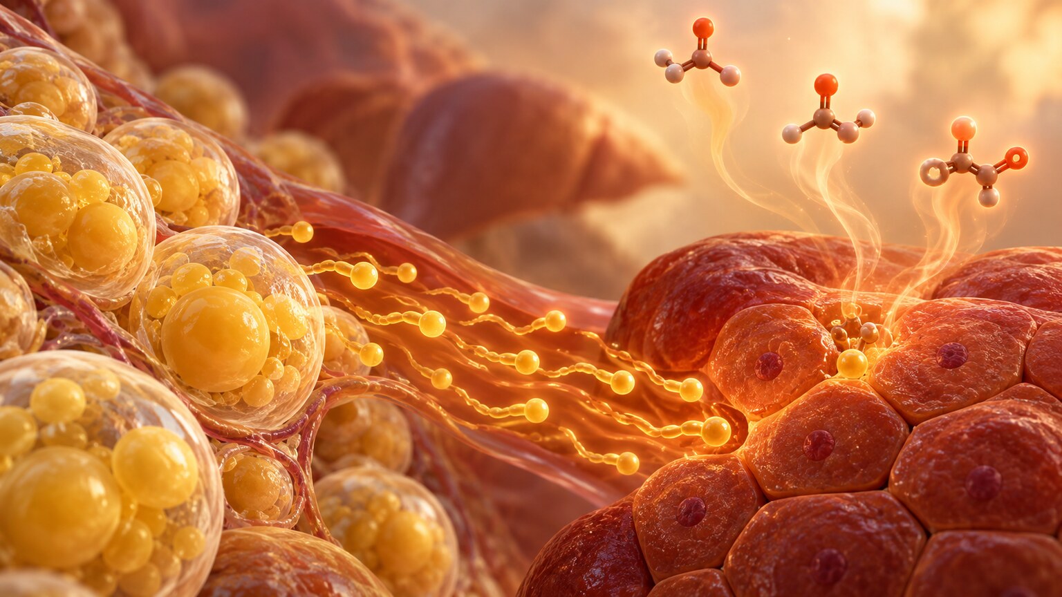 Scientific illustration of ketone molecules being released from fat cells into the bloodstream during a shift toward fat metabolism