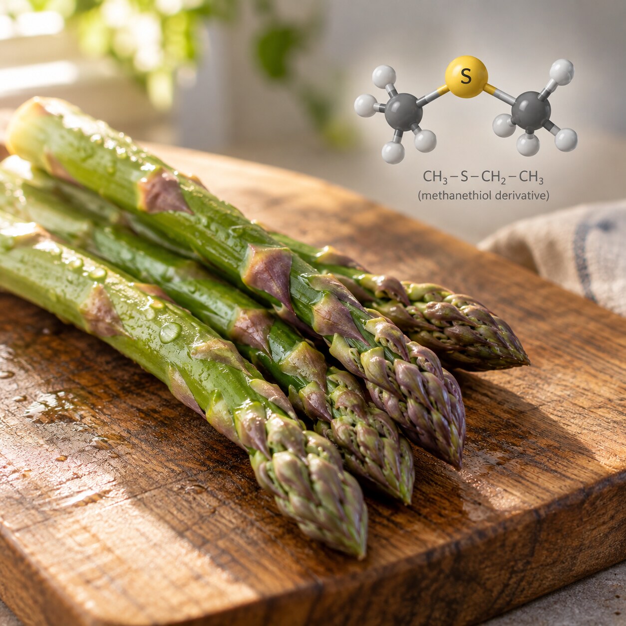 Fresh asparagus stalks on a cutting board beside a small illustrated diagram of a sulfur-containing compound molecule released after digestion