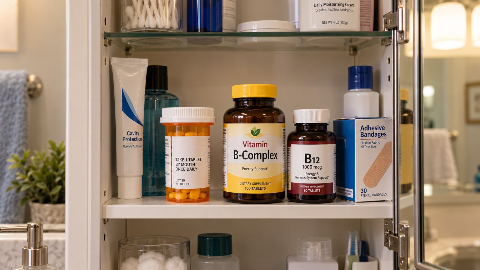 An open bathroom medicine cabinet shelf holding vitamin B supplement bottles and a prescription antibiotic bottle