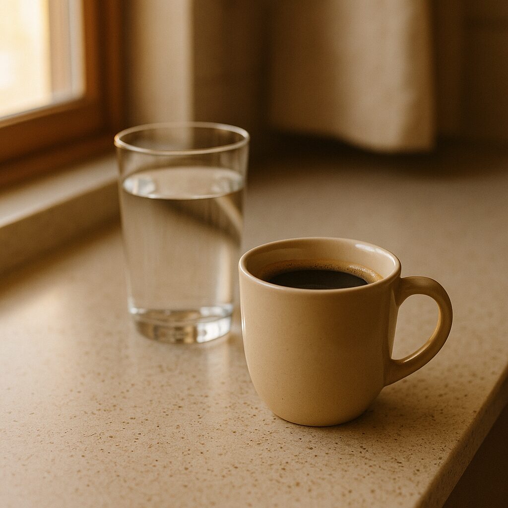 A cup of coffee sitting on a kitchen counter beside a glass of water in soft morning light