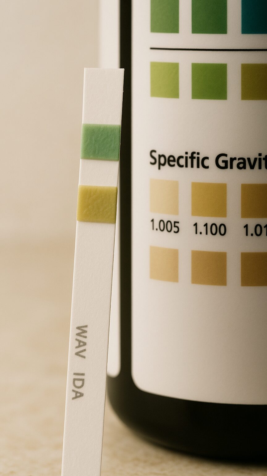 Close-up of a urine test strip held against its reference color chart, showing the specific gravity indicator pad