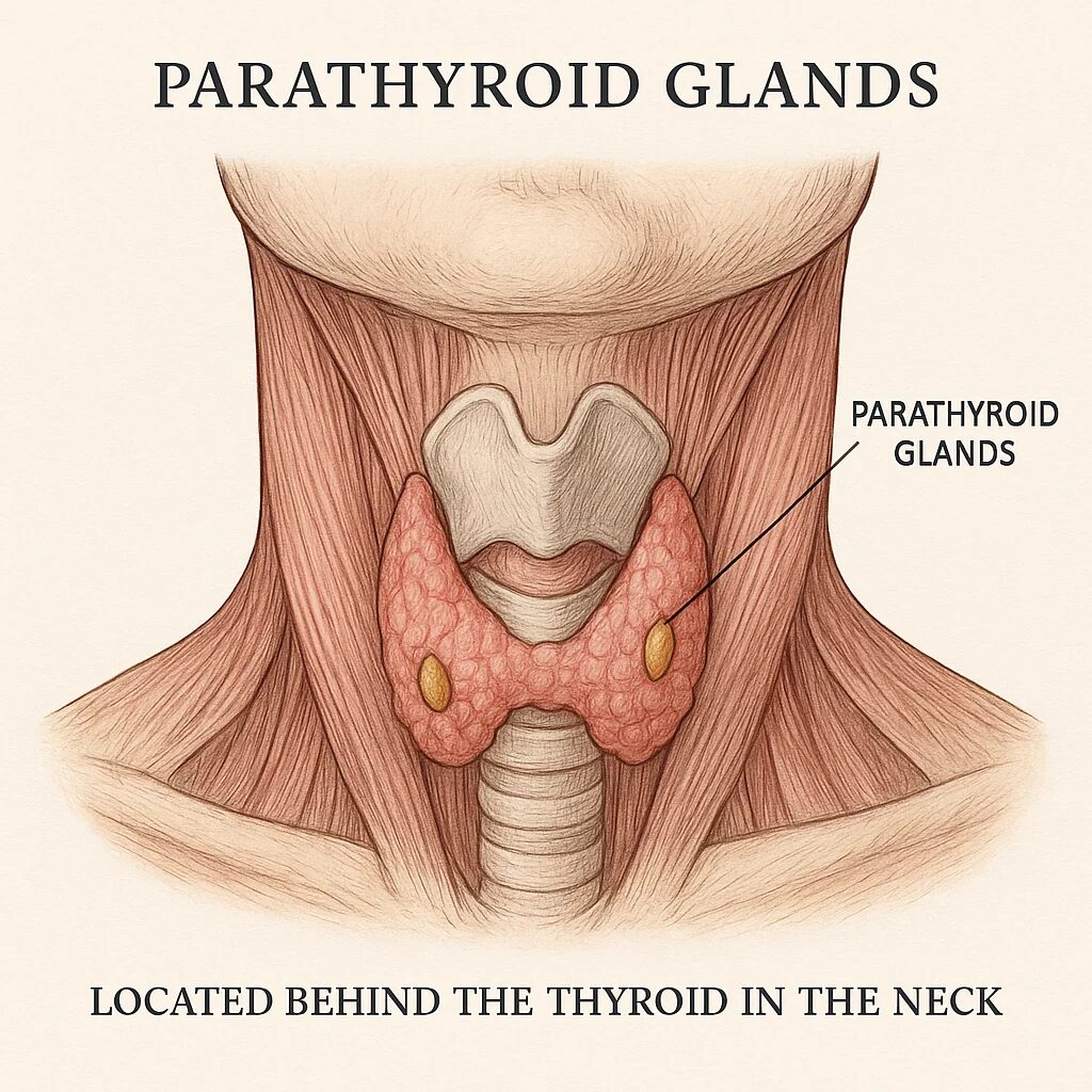 Anatomical illustration showing the parathyroid glands located behind the thyroid in the neck