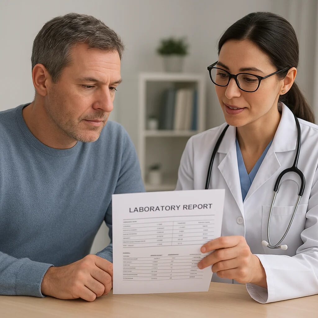 Patient reviewing a lab report together with a healthcare provider