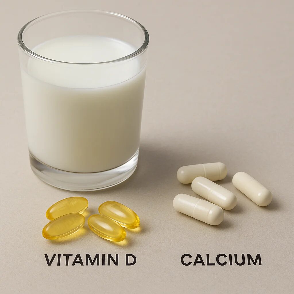 Vitamin D and calcium supplement capsules next to a glass of milk