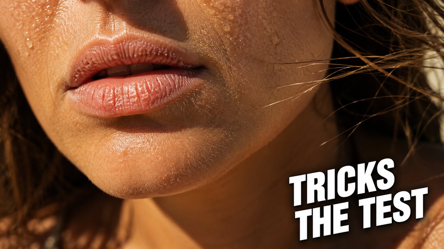 Extreme close-up of dry, sun-cracked lips in harsh daylight with bold TRICKS THE TEST text, illustrating dehydration