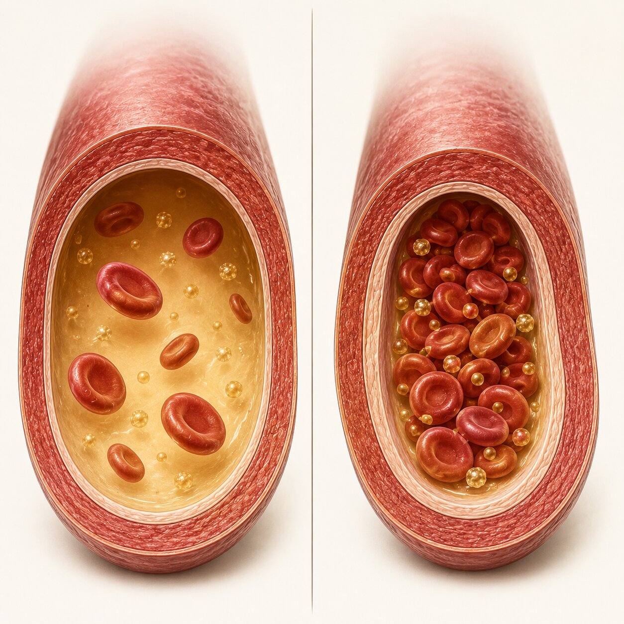 Scientific illustration comparing a normal blood vessel cross-section to a dehydrated one with reduced plasma