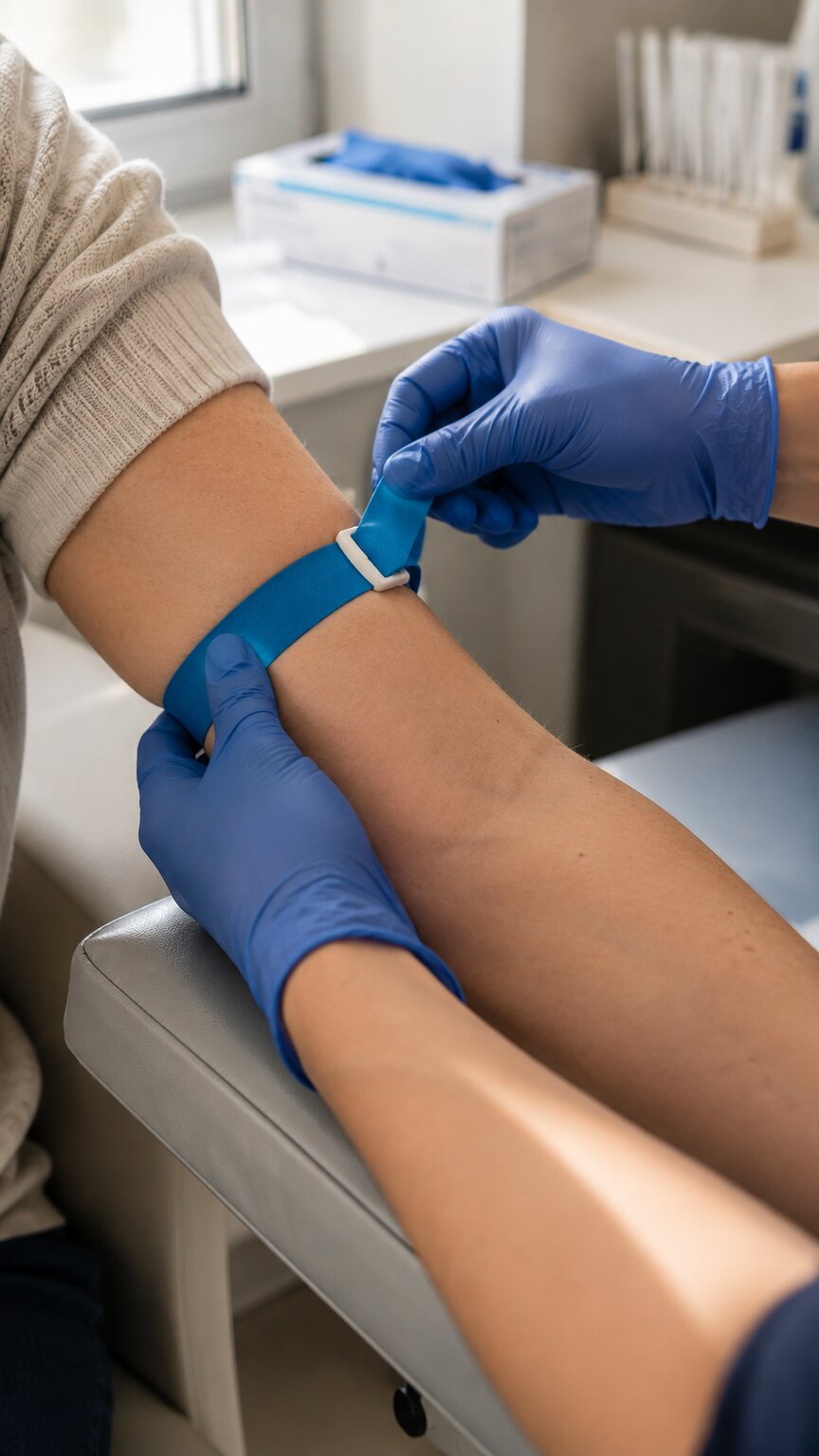 Phlebotomist's hands applying a tourniquet to a patient's upper arm in preparation for a blood draw
