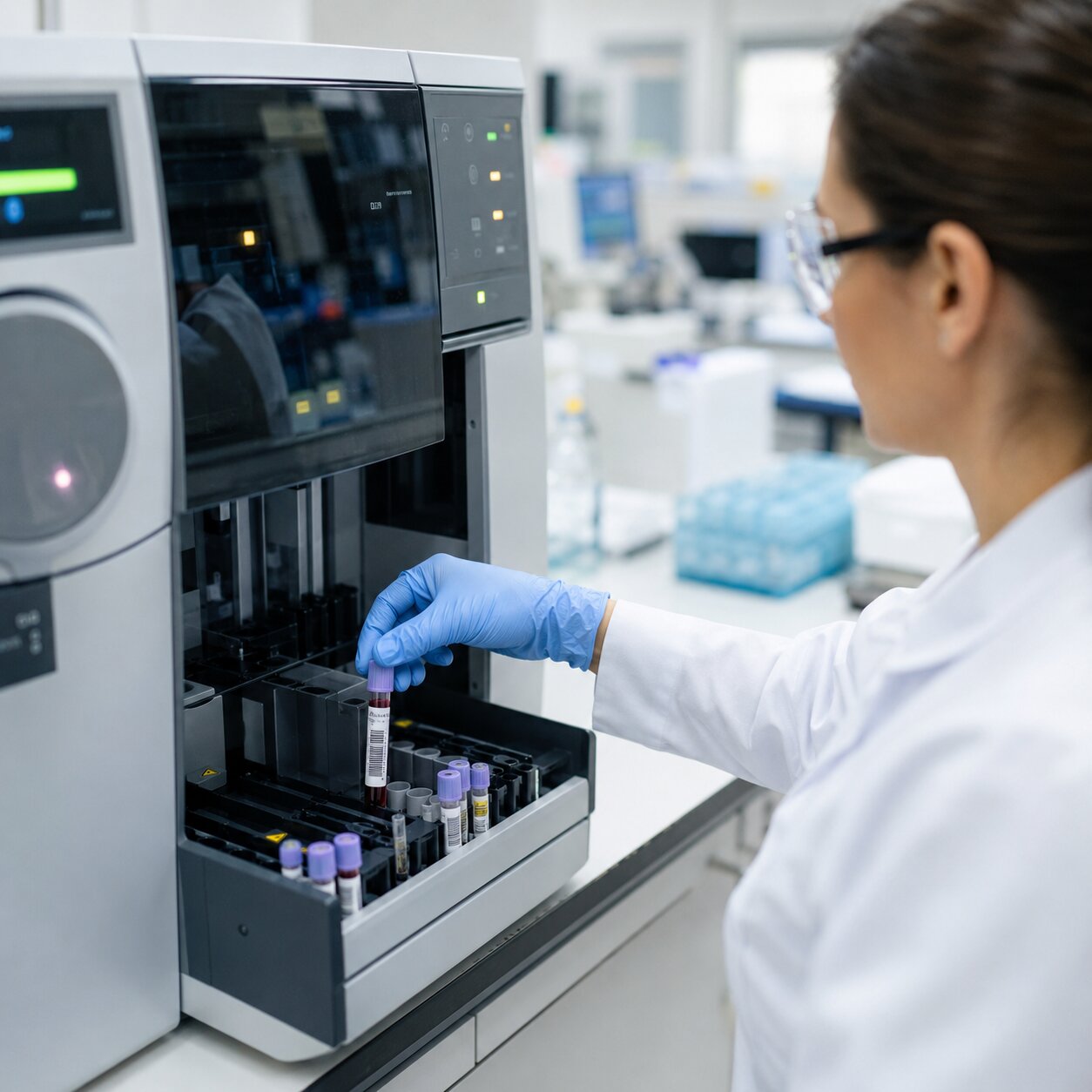 Laboratory technician loading a blood sample into an automated chemistry analyzer machine for processing
