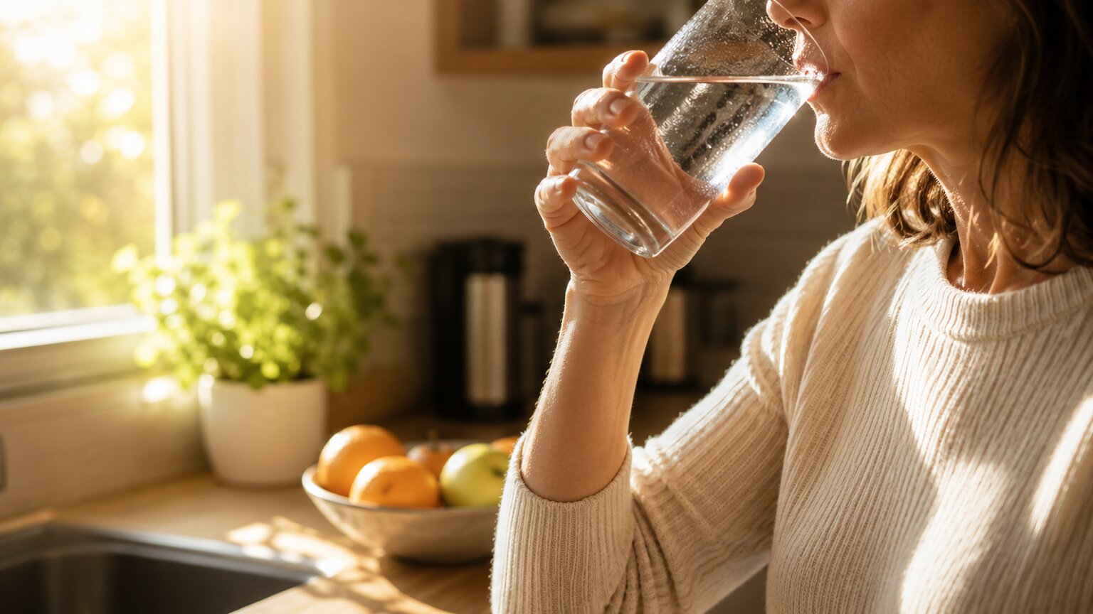 Person drinking a full glass of water at home in soft morning light before heading out for the day