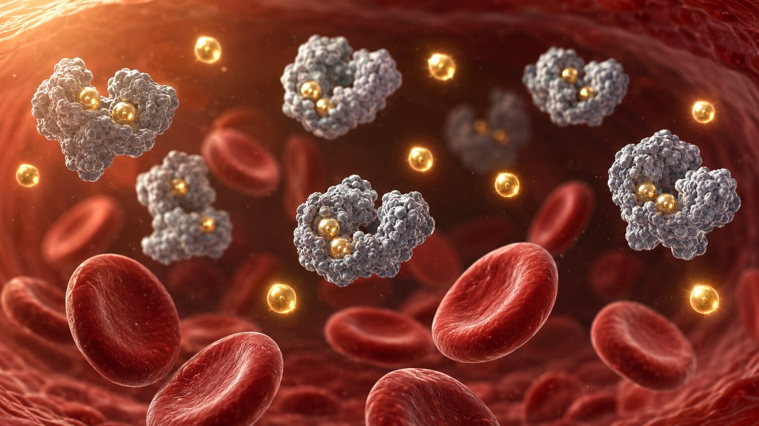 Scientific illustration showing calcium atoms bound to albumin protein molecules alongside free calcium atoms drifting separately in plasma