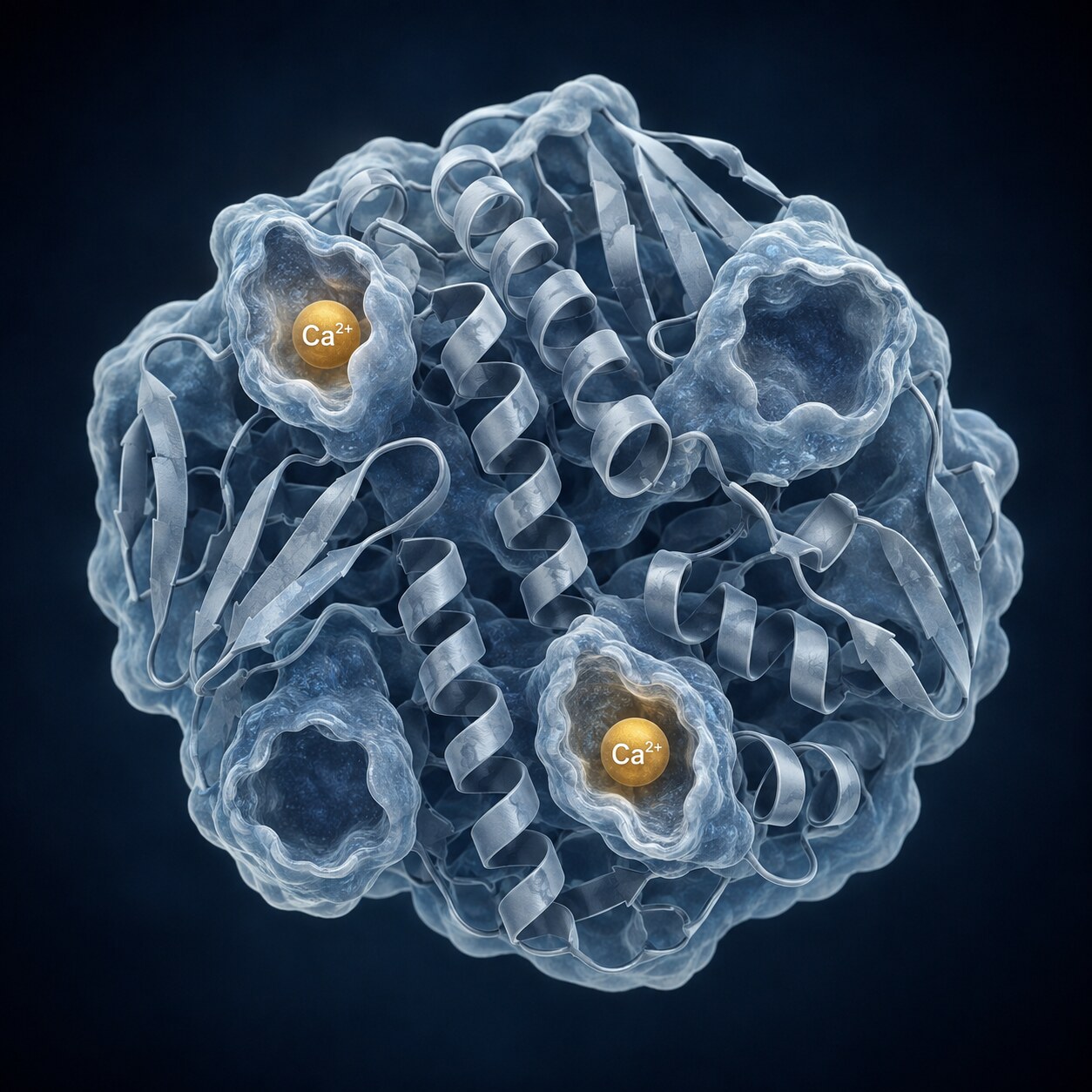 Close-up scientific illustration of an albumin protein molecule with multiple calcium ion binding sites along its surface