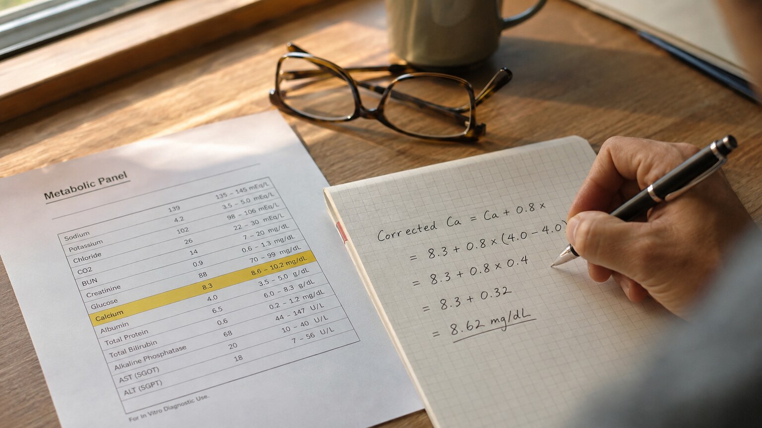 Hand writing the corrected calcium formula calculation by hand on a notepad beside a printed metabolic panel lab report