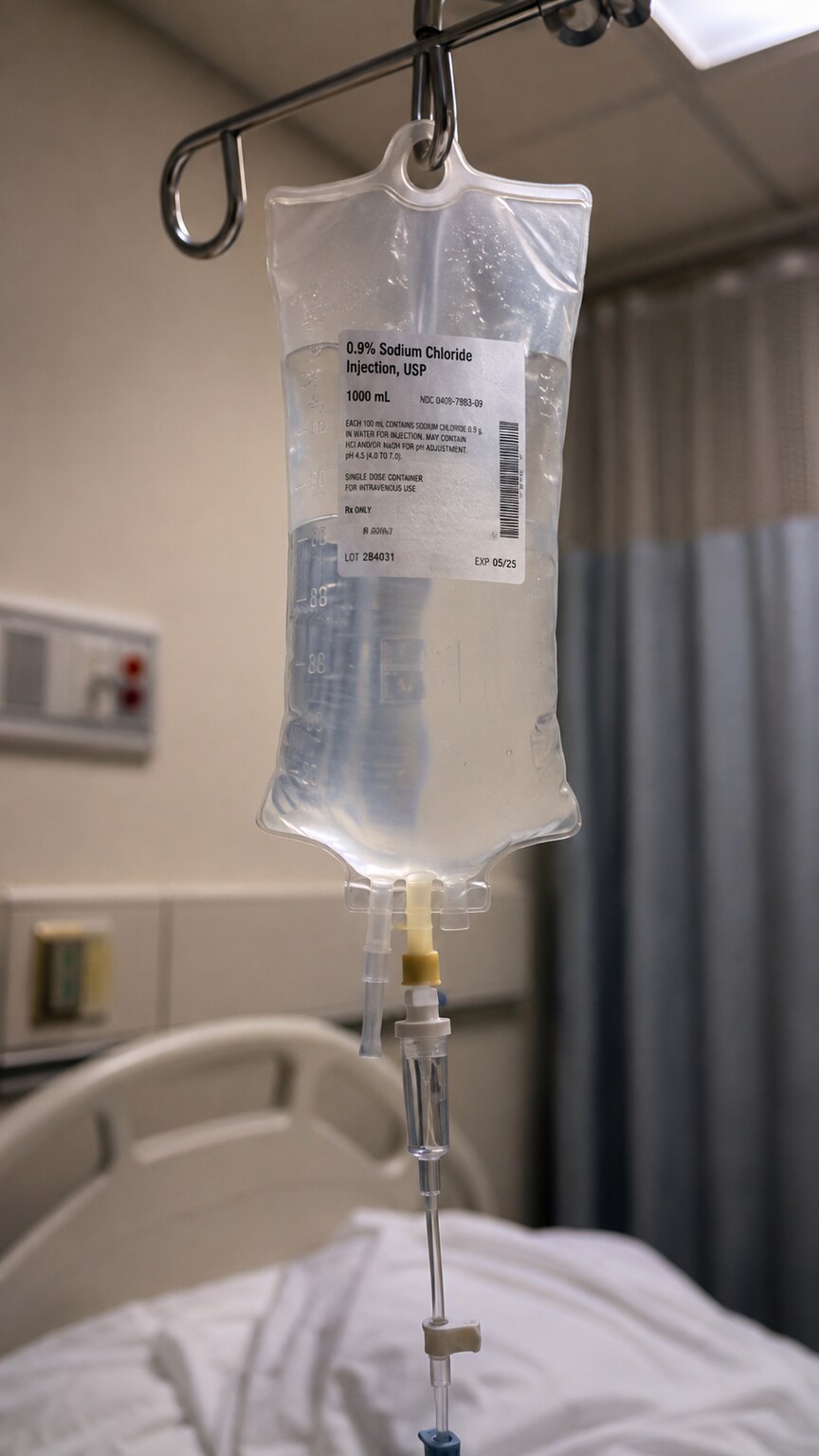 Close-up of an intravenous fluid bag and line beside a hospital bed rail, illustrating a common cause of low albumin from fluid dilution