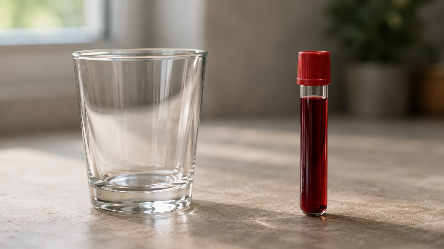 Close-up of an empty drinking glass beside a concentrated blood sample tube illustrating dehydration's effect on albumin concentration