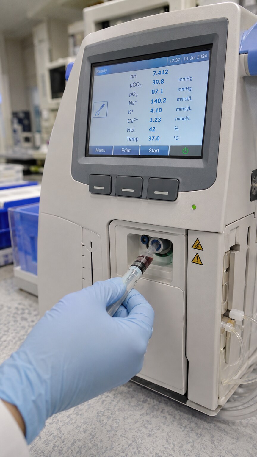 Laboratory technician loading a blood sample into a blood gas analyzer used to directly measure ionized calcium