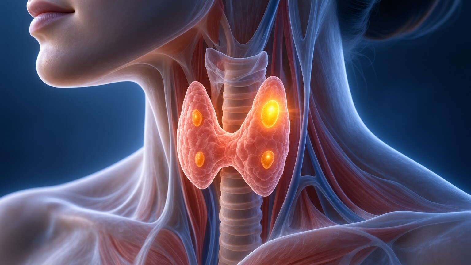 Illustration showing the location of the four small parathyroid glands behind the thyroid gland