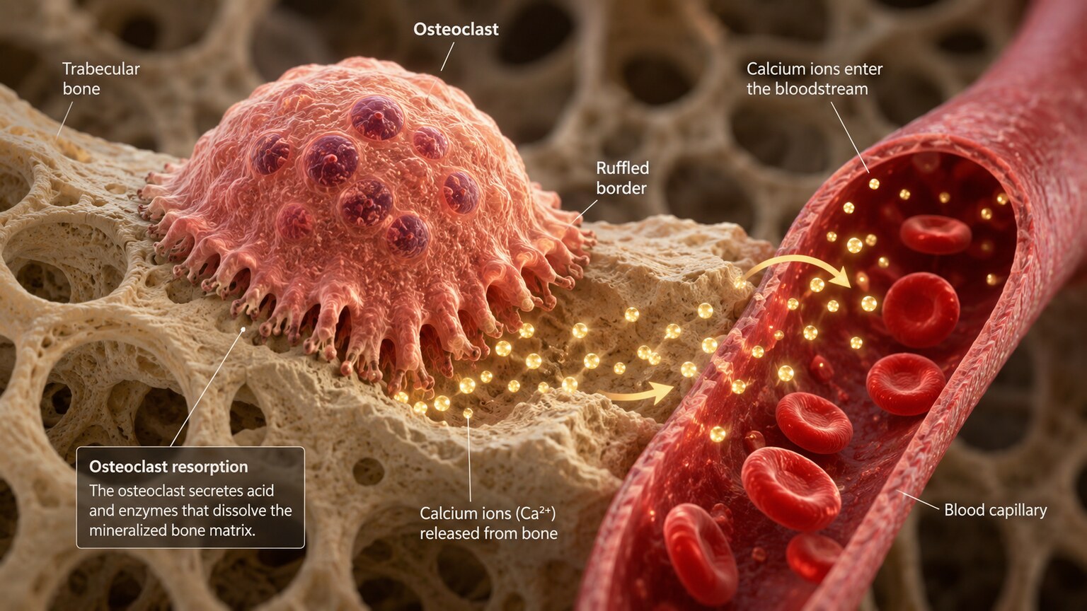 Scientific illustration of an osteoclast cell dissolving bone tissue and releasing calcium ions into a nearby blood capillary