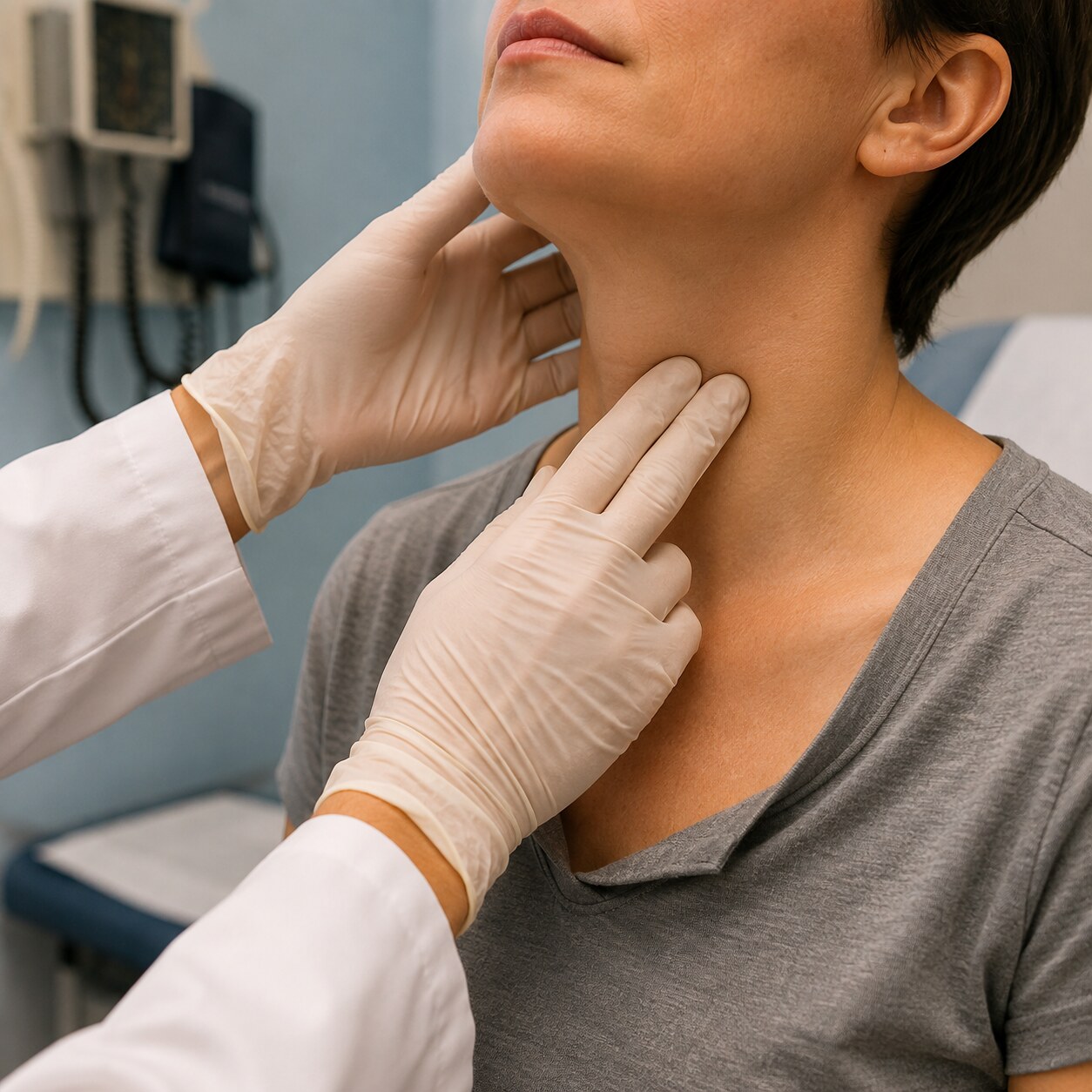 Close-up of a clinician's hands palpating the front of a patient's neck to examine the thyroid and parathyroid area