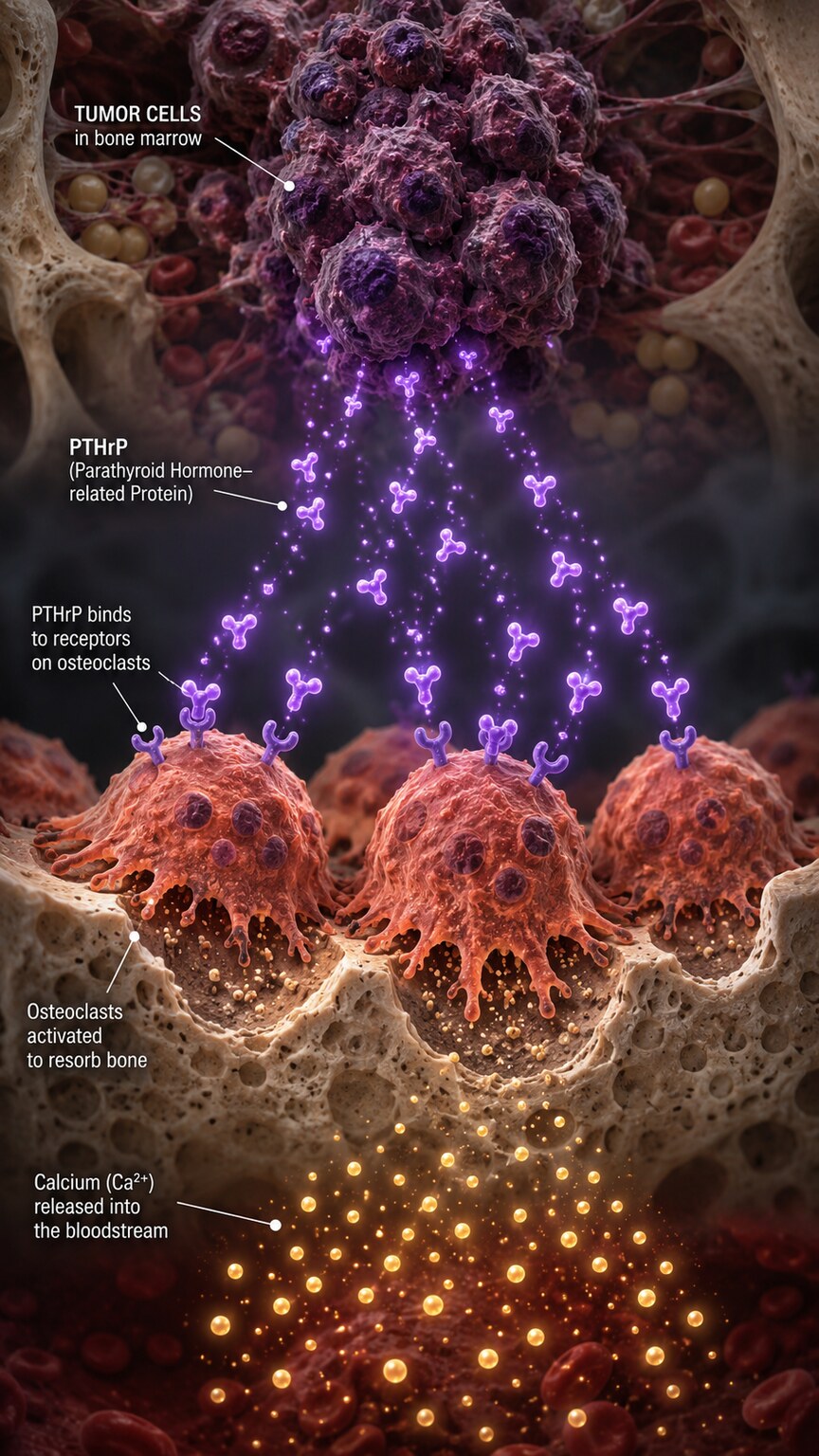 Scientific illustration of cancer cells within bone marrow releasing PTHrP protein that activates bone-dissolving osteoclasts
