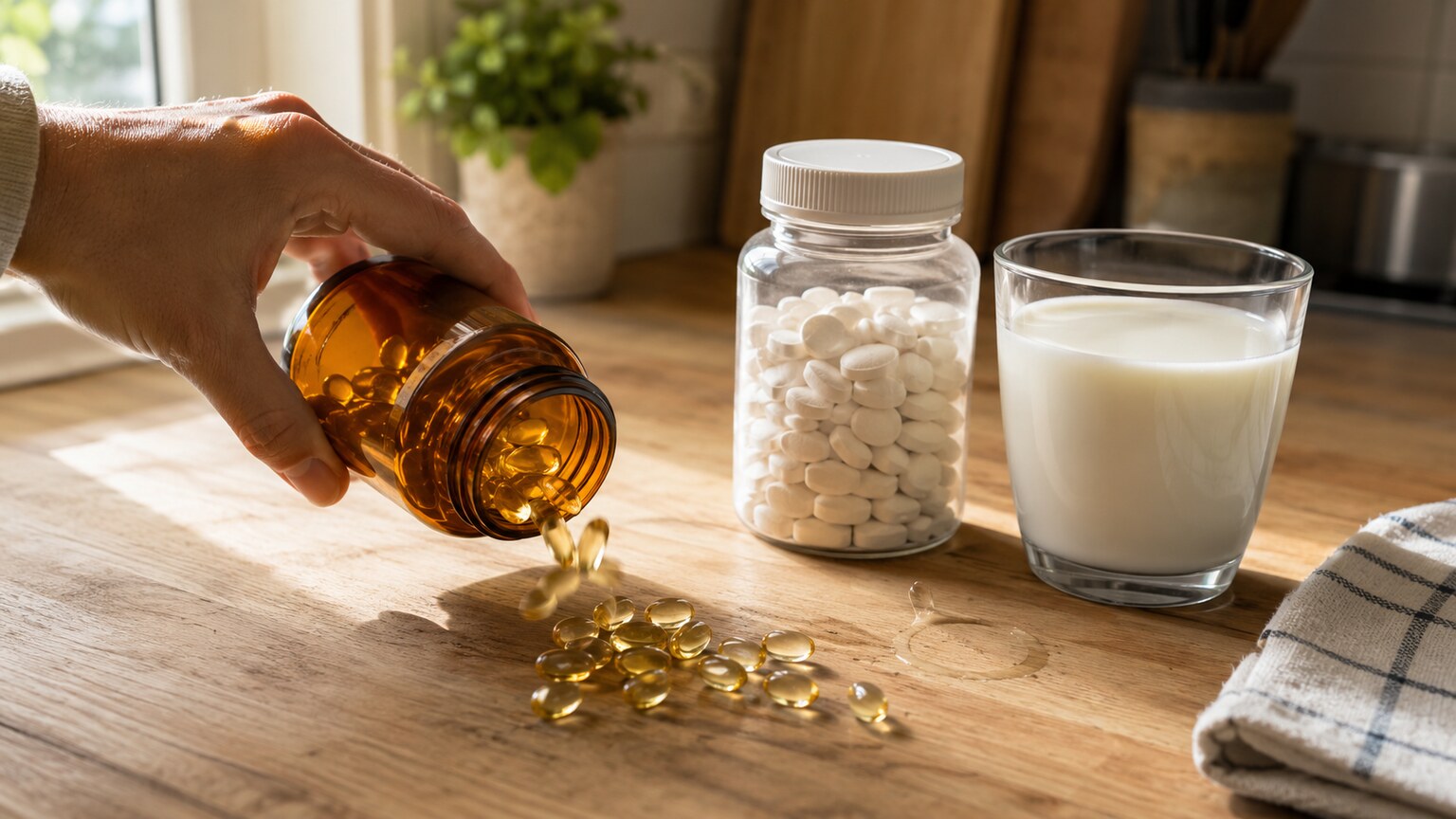 Hand tipping a bottle of vitamin D and calcium supplement pills onto a kitchen counter next to a glass of milk