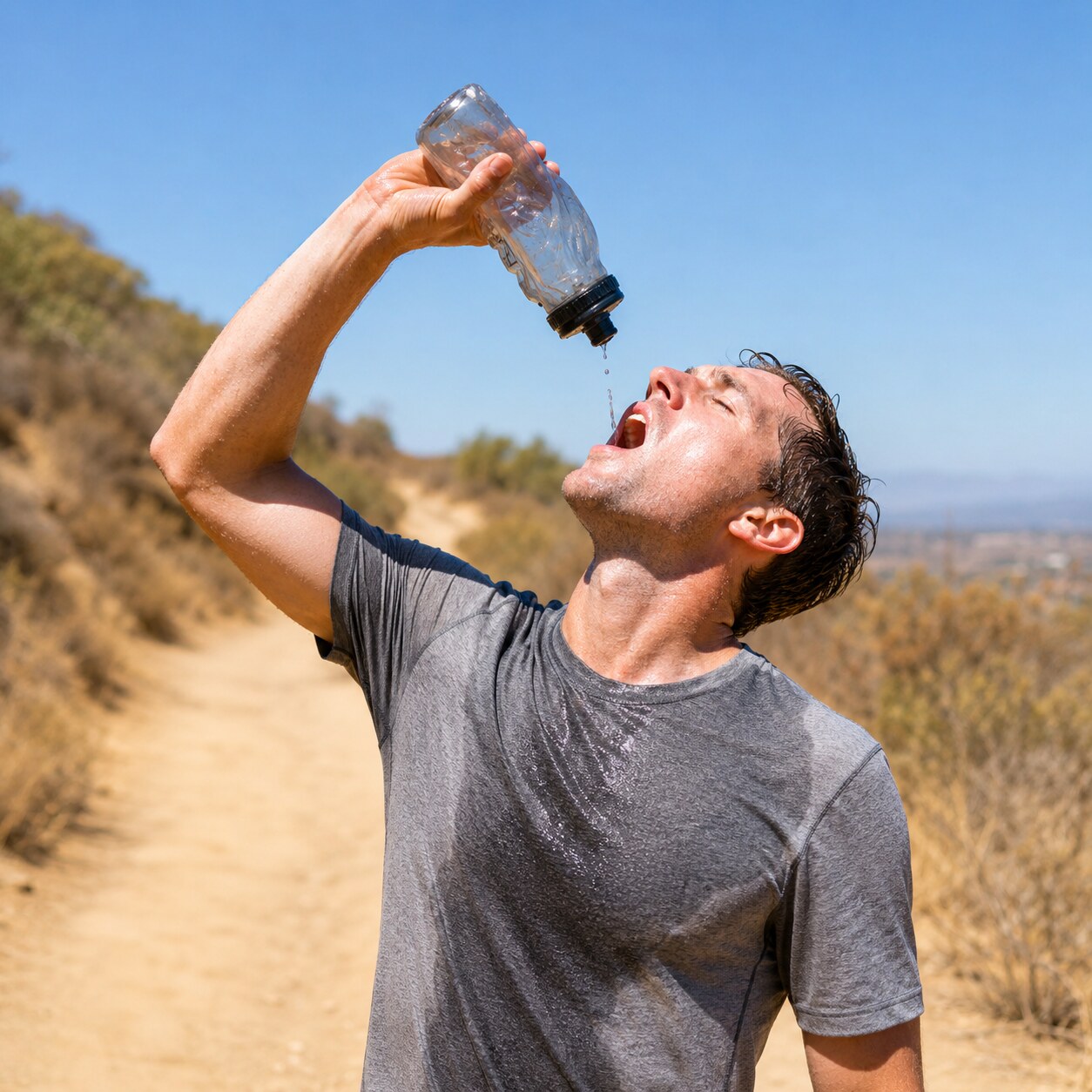 Sweaty hiker in bright sunlight holding an empty water bottle after physical exertion in the heat