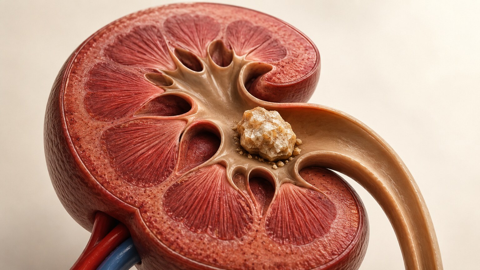 Scientific cross-section illustration of a kidney with a calcium-based stone lodged in the renal pelvis