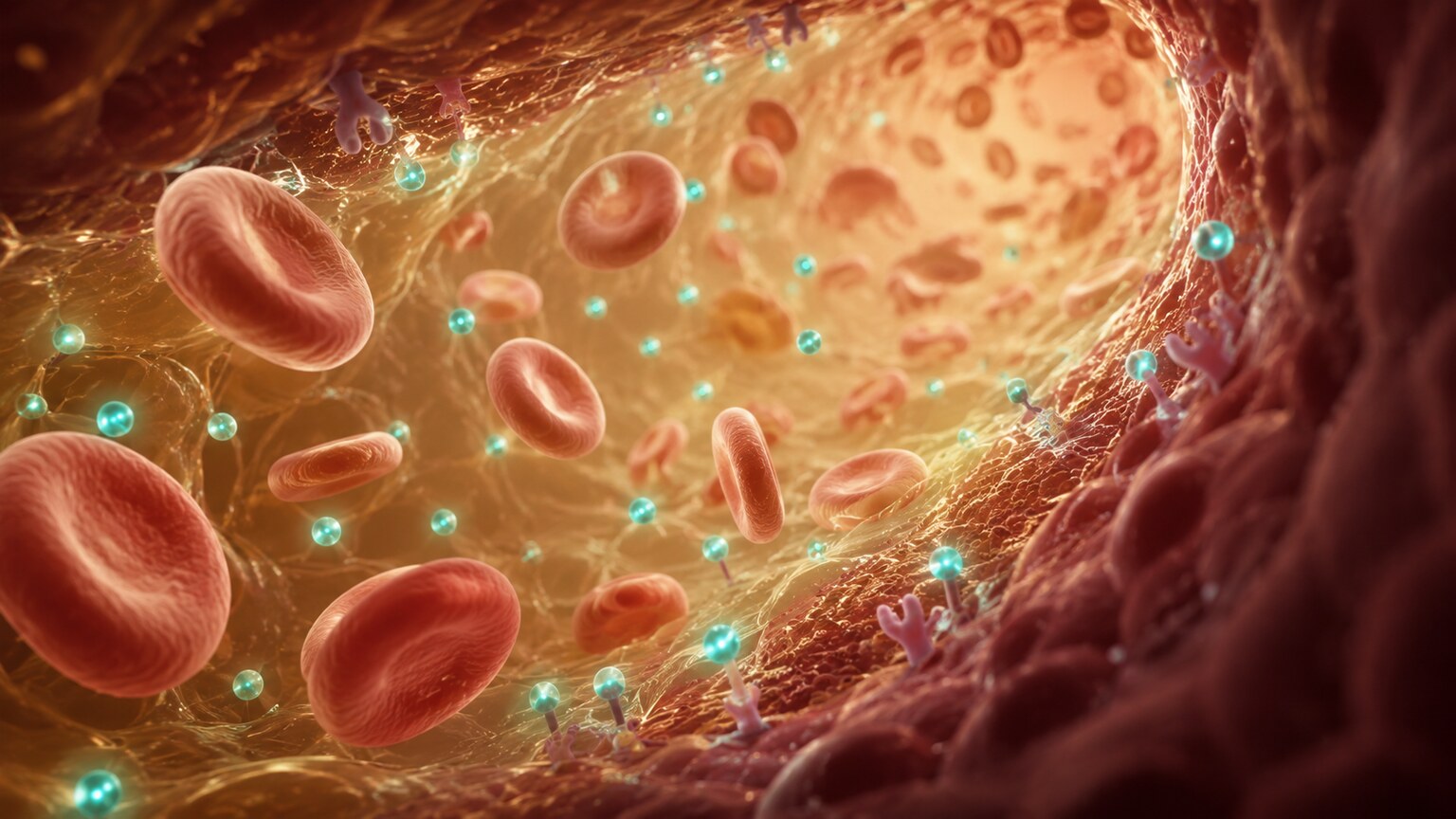 Scientific illustration of calcium ions circulating at reduced concentration within a cross-section of a blood vessel