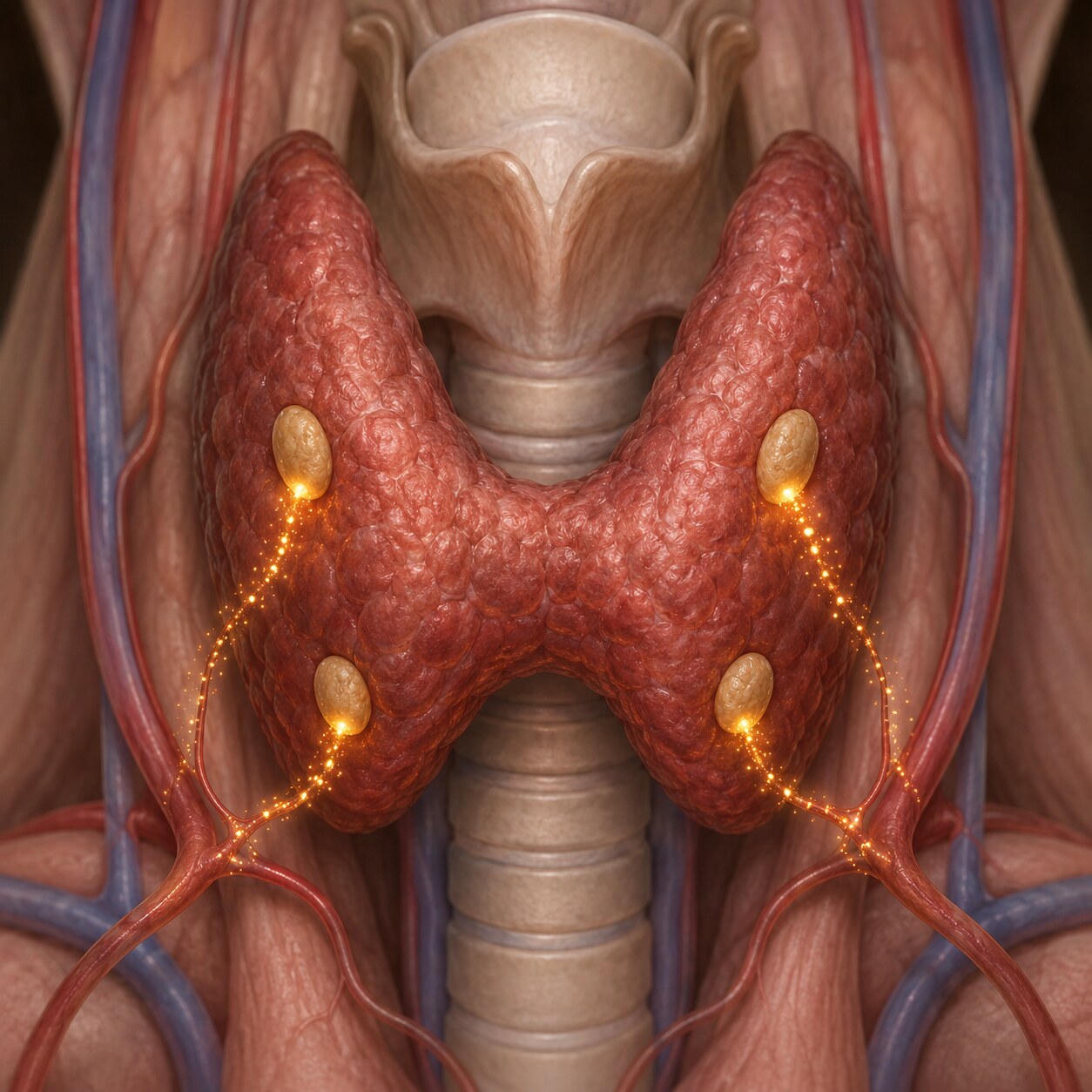Anatomical illustration of the four parathyroid glands behind the thyroid releasing parathyroid hormone into the bloodstream
