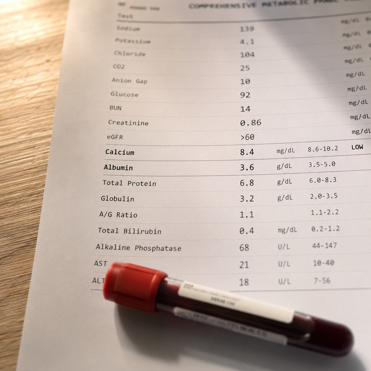 Close-up of a metabolic panel lab report showing total calcium and albumin values beside a labeled blood collection tube