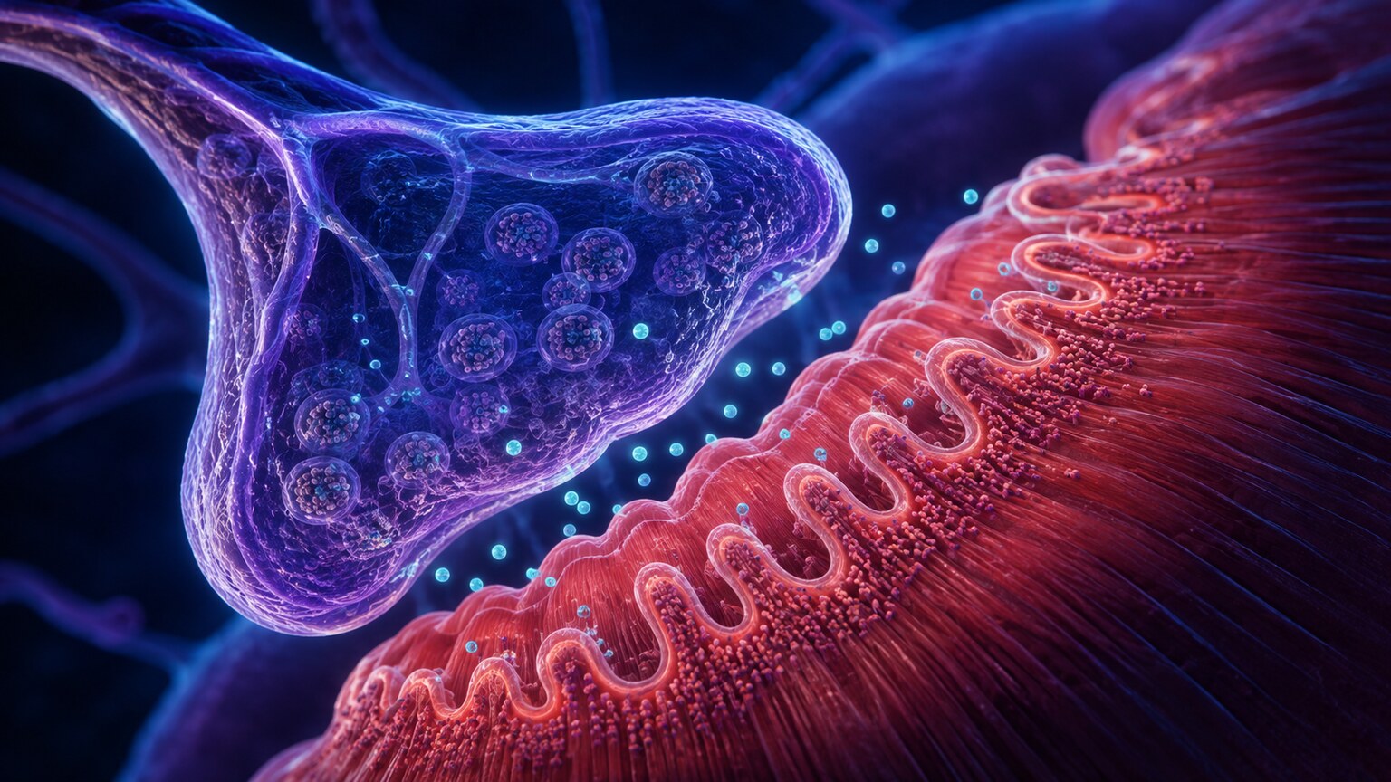 Macro scientific illustration of calcium ions at a neuromuscular junction regulating nerve signal transmission to muscle fibers