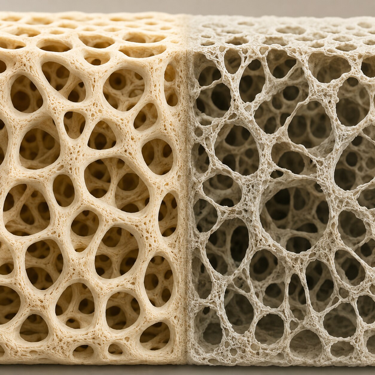 Cross-section scientific illustration comparing dense healthy bone tissue with porous demineralized bone tissue