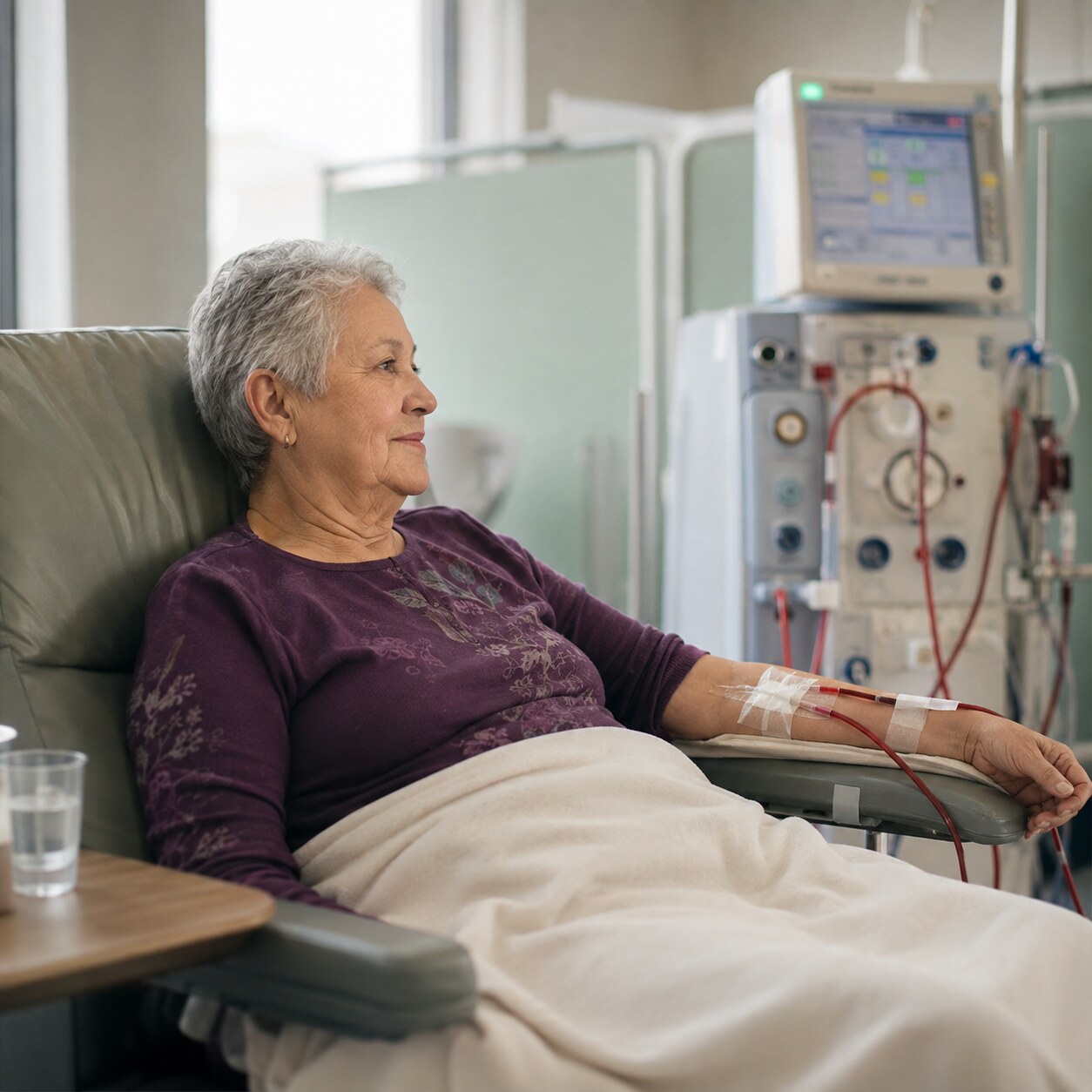 Person undergoing dialysis treatment in a clinical setting, illustrating chronic kidney disease as a common cause of low calcium