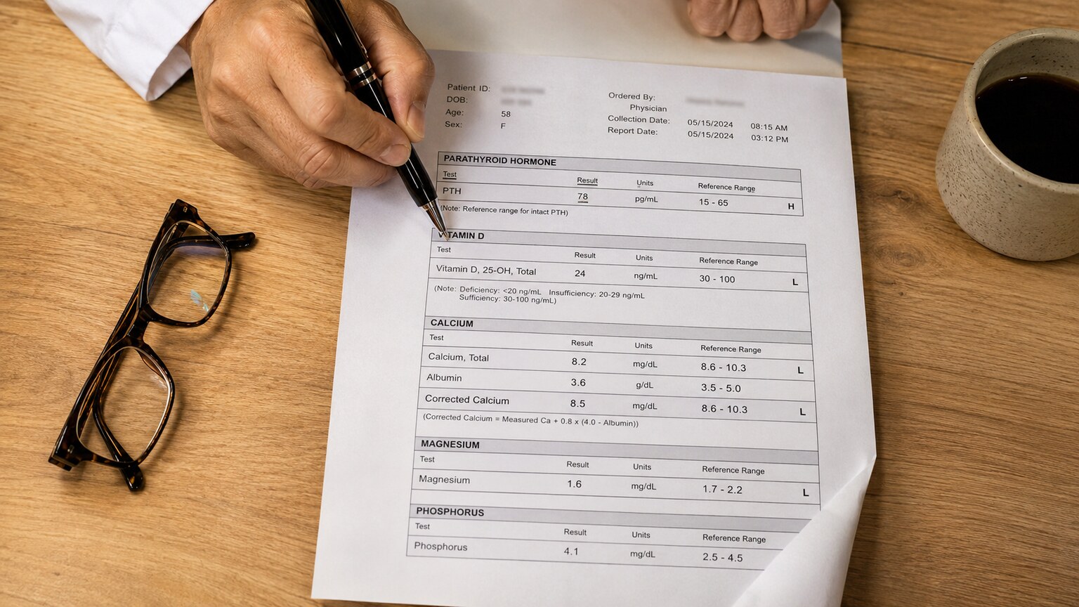 Overhead view of a clinician's hands reviewing a printed lab panel showing PTH, vitamin D, magnesium, and corrected calcium results