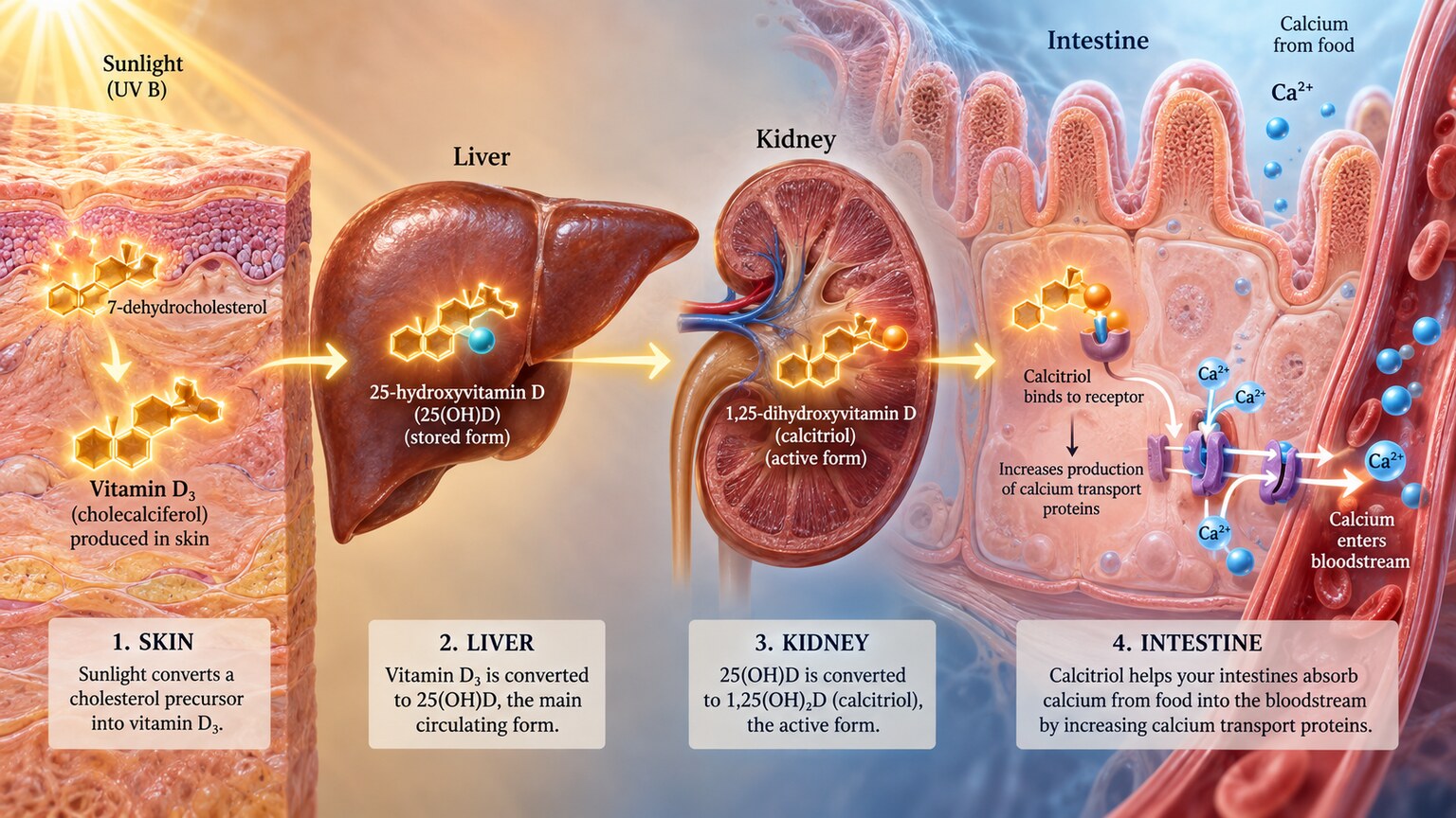 Scientific illustration tracing vitamin D synthesis in skin through to activated calcium-transport proteins in intestinal lining cells