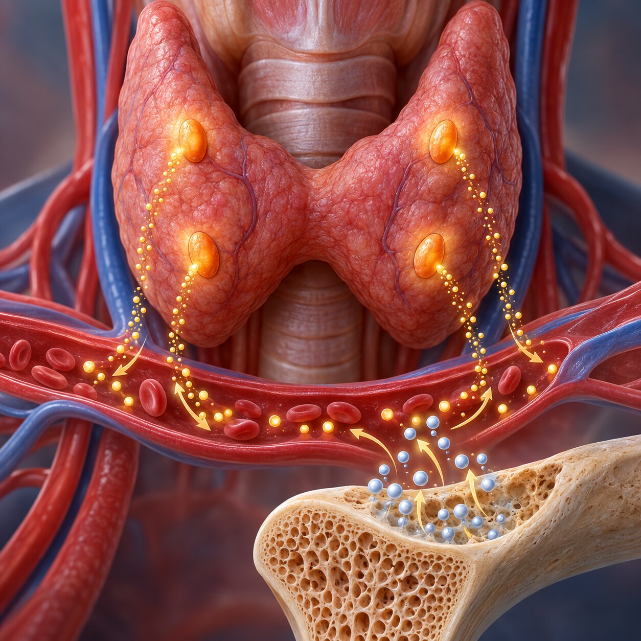 Scientific illustration of the four small parathyroid glands behind the thyroid releasing parathyroid hormone into the bloodstream