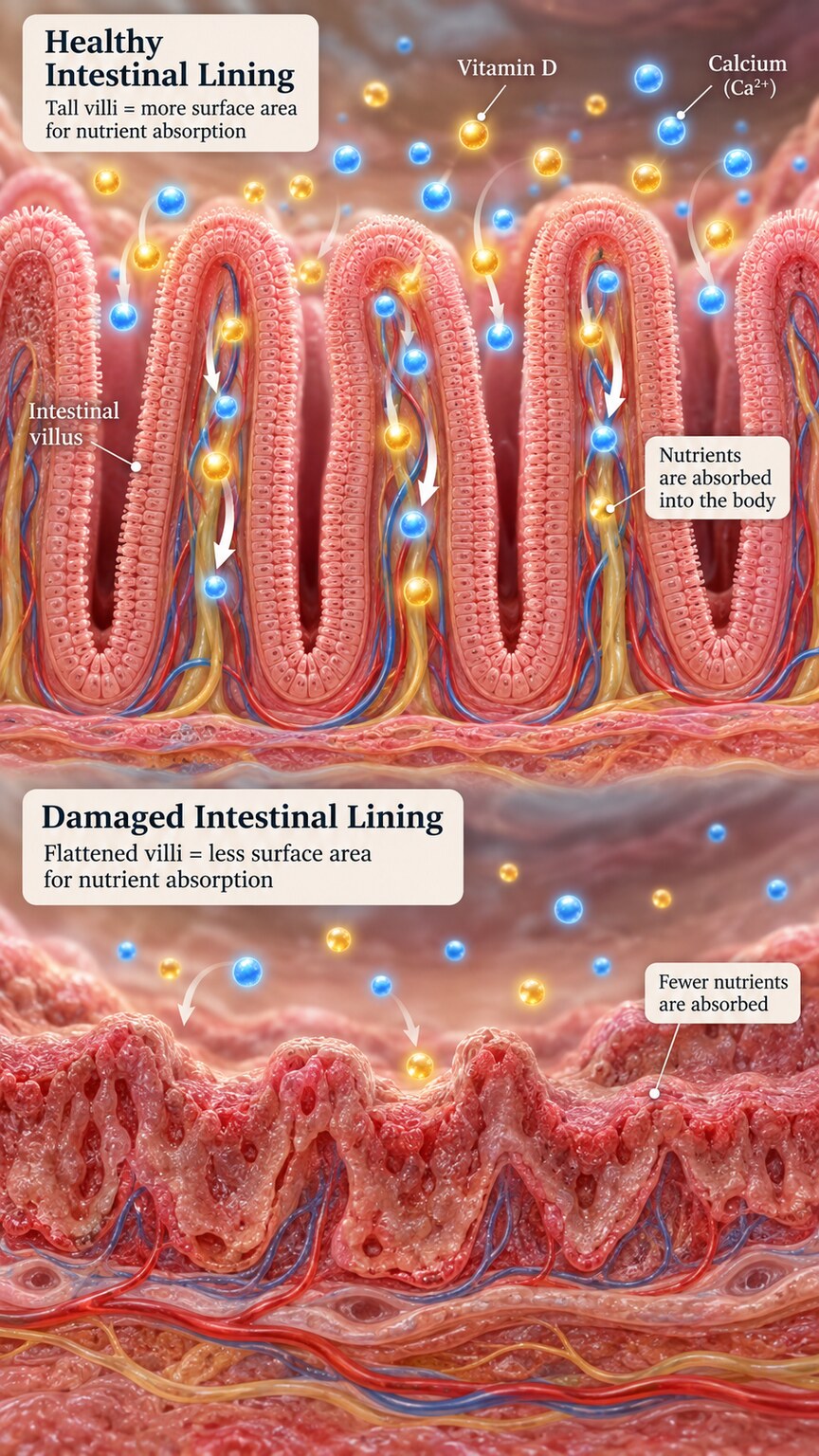 Cross-section illustration of damaged, flattened small intestine lining villi associated with malabsorption conditions like celiac disease