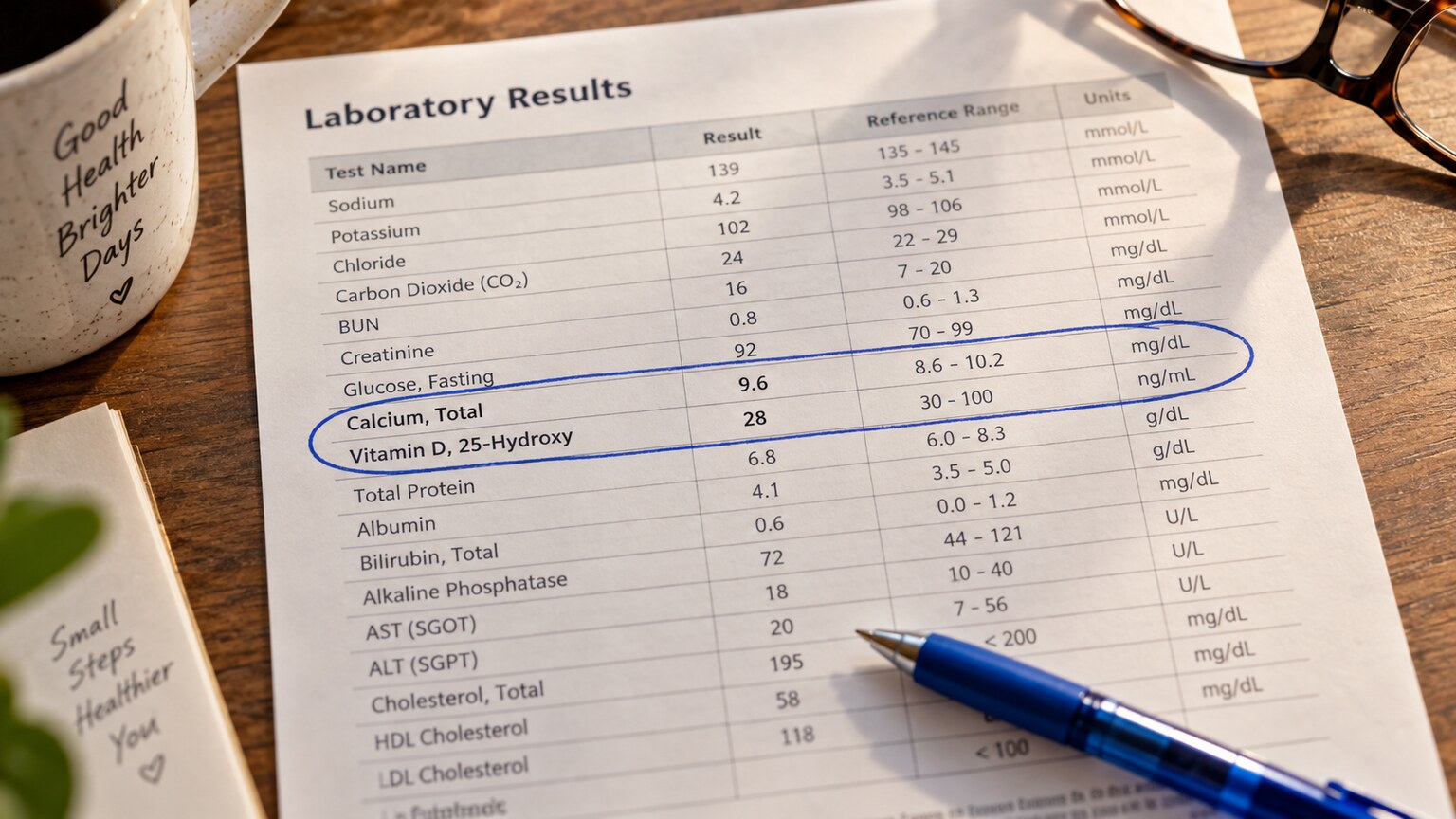 Printed lab report with the calcium and vitamin D result rows both circled in pen, showing the two values read side by side