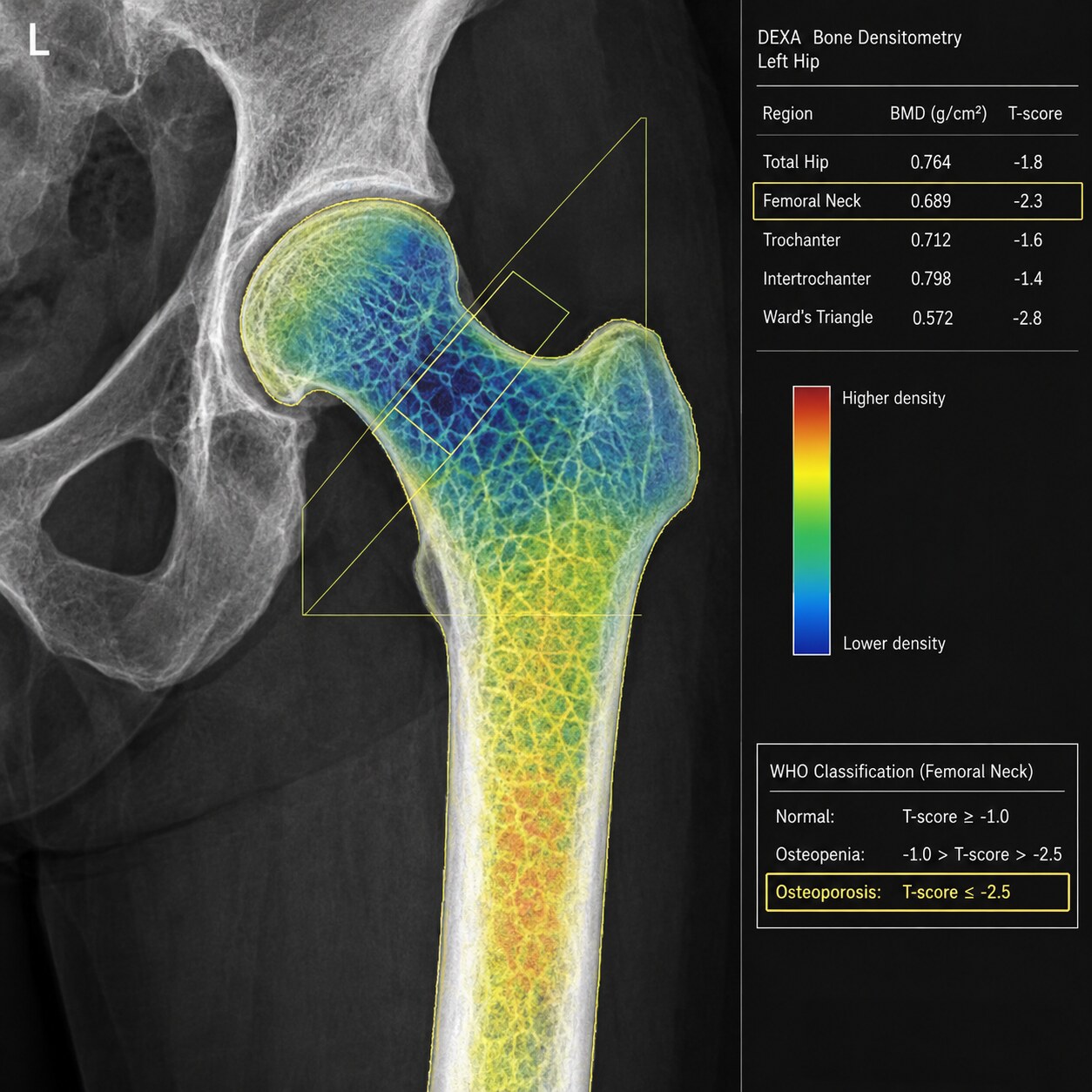 Bone density scan image of a hip joint showing the porous internal bone structure evaluated for osteoporosis