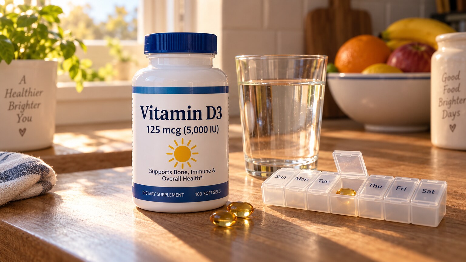 A high-dose vitamin D supplement bottle standing on a kitchen counter beside a glass of water and a pill organizer