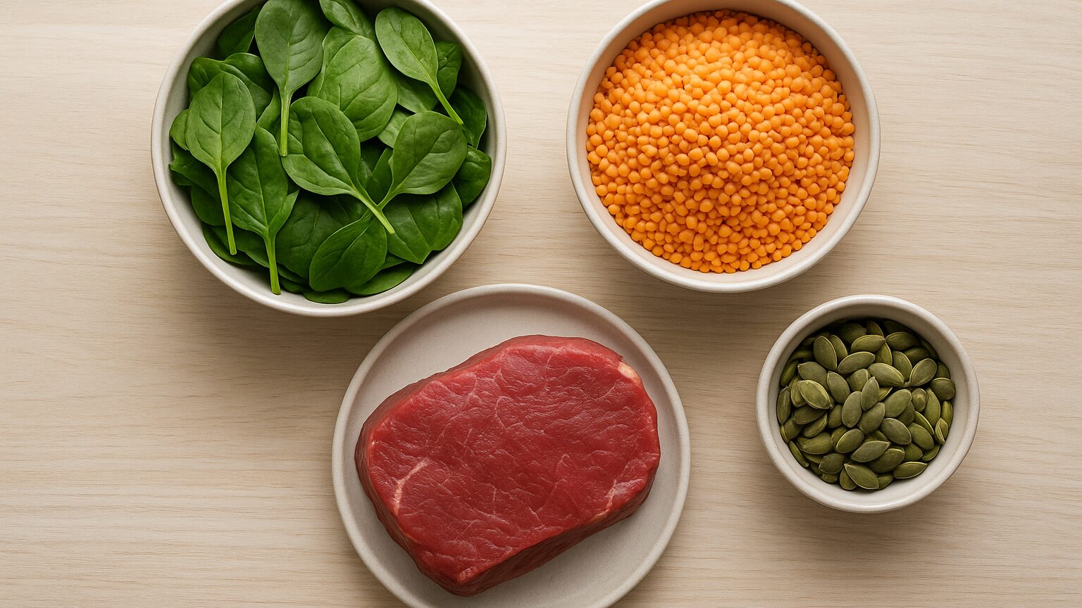 Assorted iron-rich foods including red meat, spinach, and lentils arranged on a table