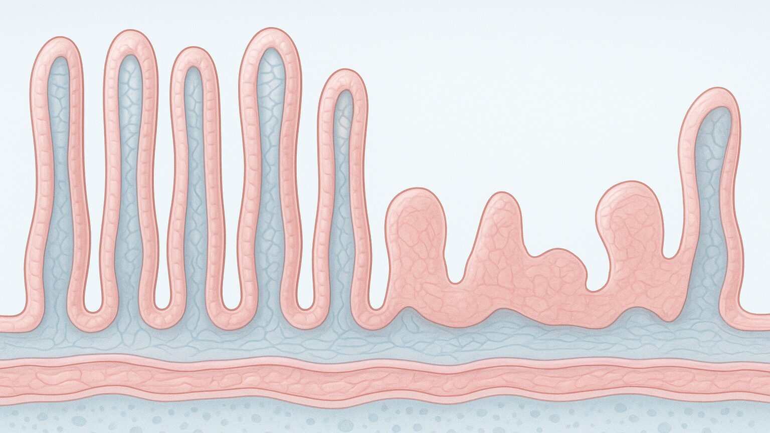 Scientific illustration of intestinal villi lining the small intestine wall
