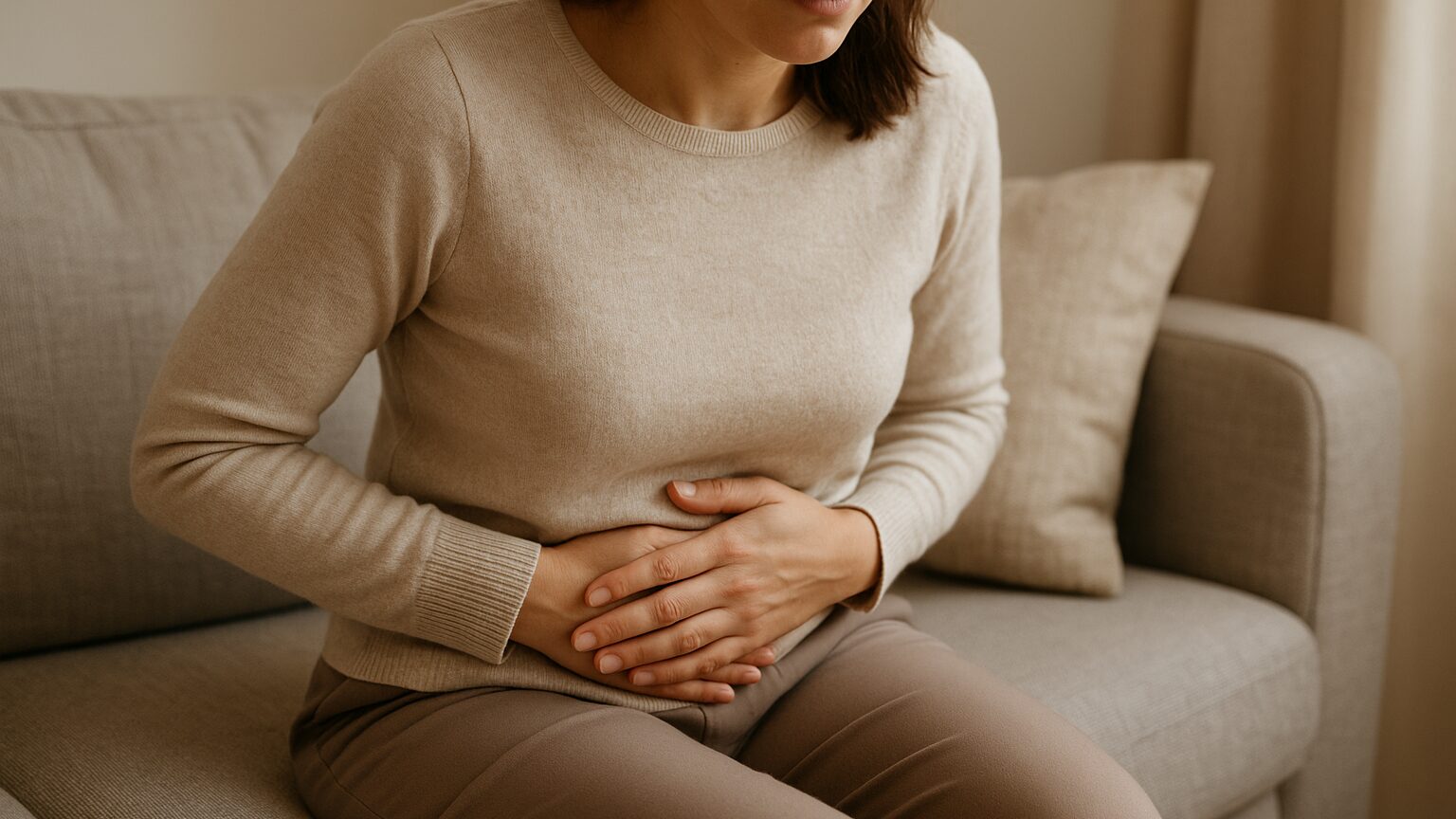 Person sitting on a couch gently holding their abdomen with a mild expression of discomfort
